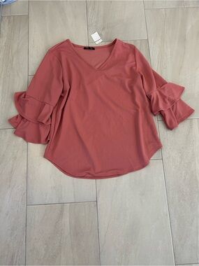 NEW Coral V-Neck Ruffle Sleeve Blouse
